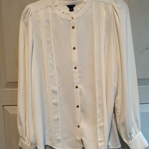 Ann Taylor White Ruffled Blouse with Cuffed Sleeves